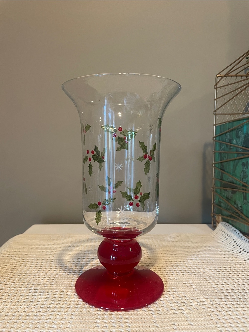 Studio Nova Glass Holly Hurricane with Red Base and Green Accents